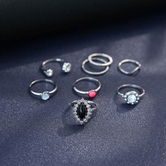 **MAGENA* 8-Pc Silver x Rhinestone Fashion Ring Set - Picture 1 of 6